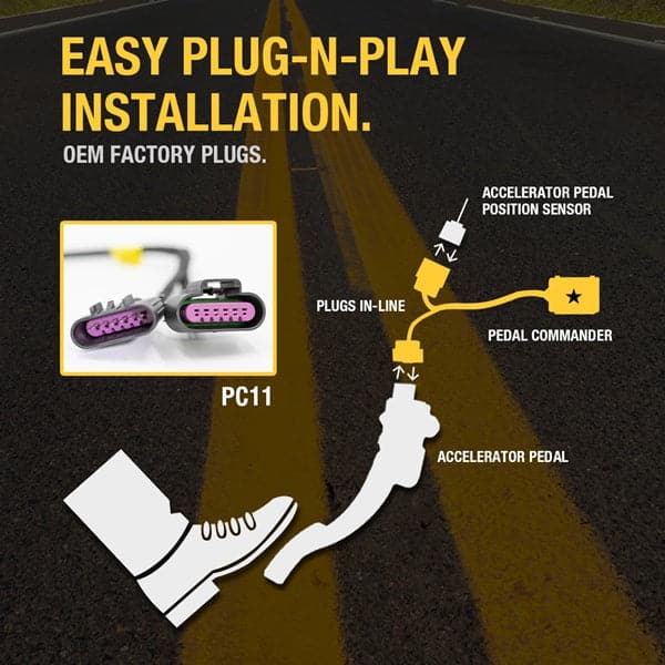 Merchant Pedal Commander PC11 has an easy plug-n-play installation between your accelerator pedal sensor and accelerator pedal