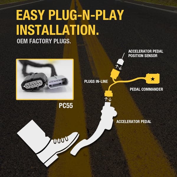 Merchant Pedal Commander PC55 has an easy plug-n-play installation between your accelerator pedal sensor and accelerator pedal